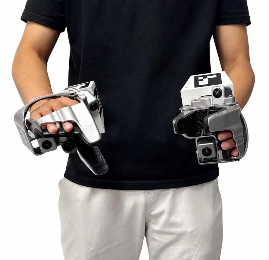 Two full-palm HiFi-UMI grippers held by a human operator