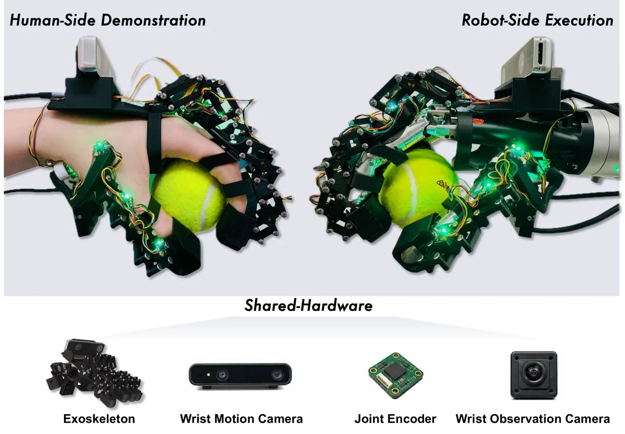 SEED-UMI shared exoskeleton worn by human and robot with wrist sensors